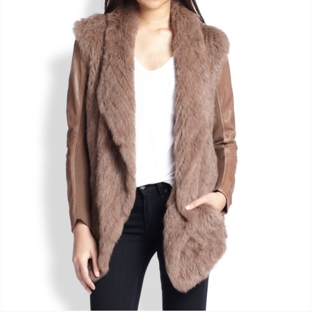 June brown Fur rabbit Jacket with suede sleeves, Size small